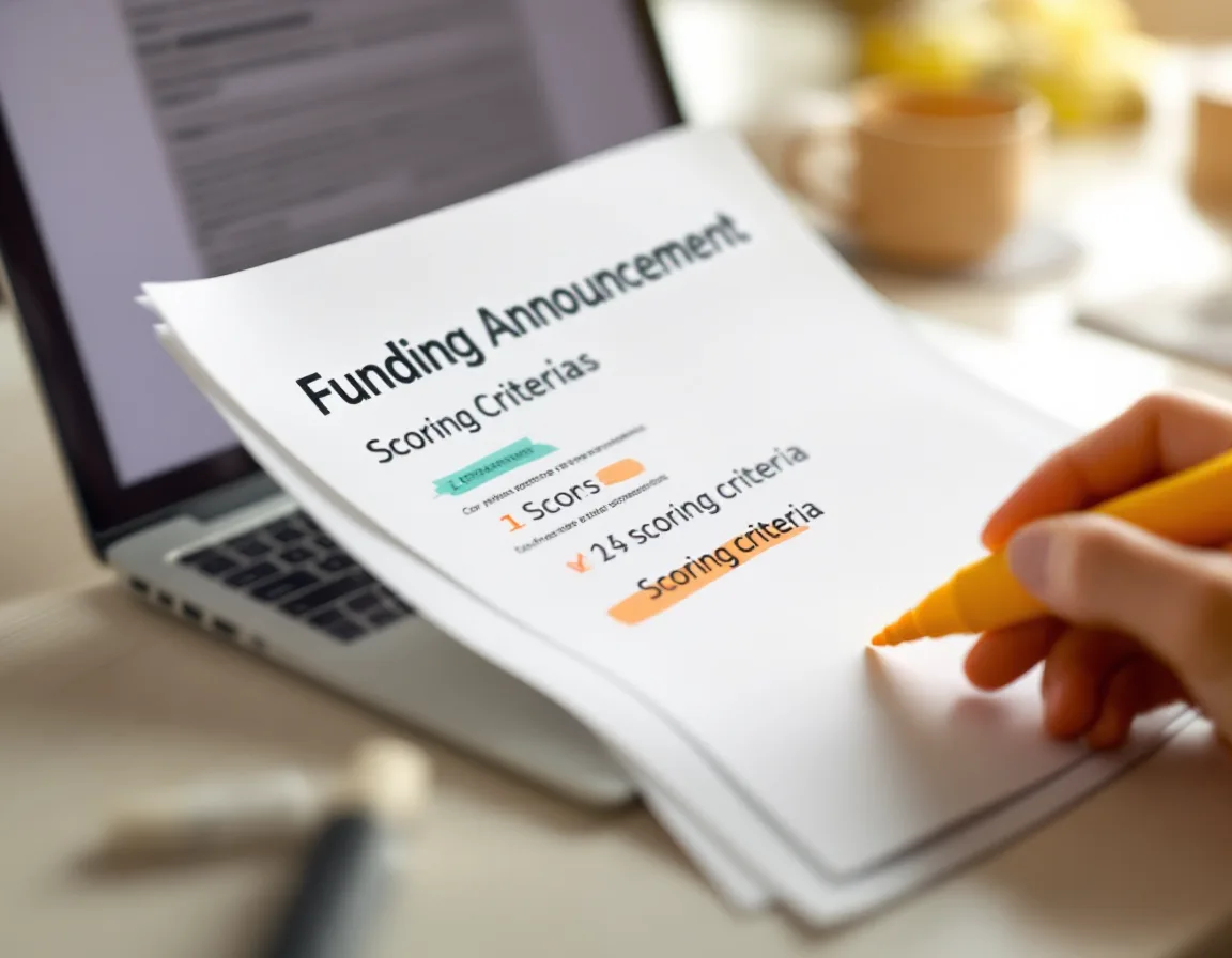 A highlighter marking the scoring criteria on a printed funding announcement